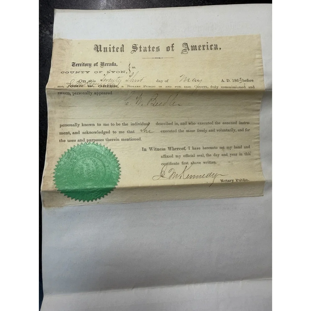 1863 Nevada Territory Mining Claim Deed Silver City Lyon County Notary Seal